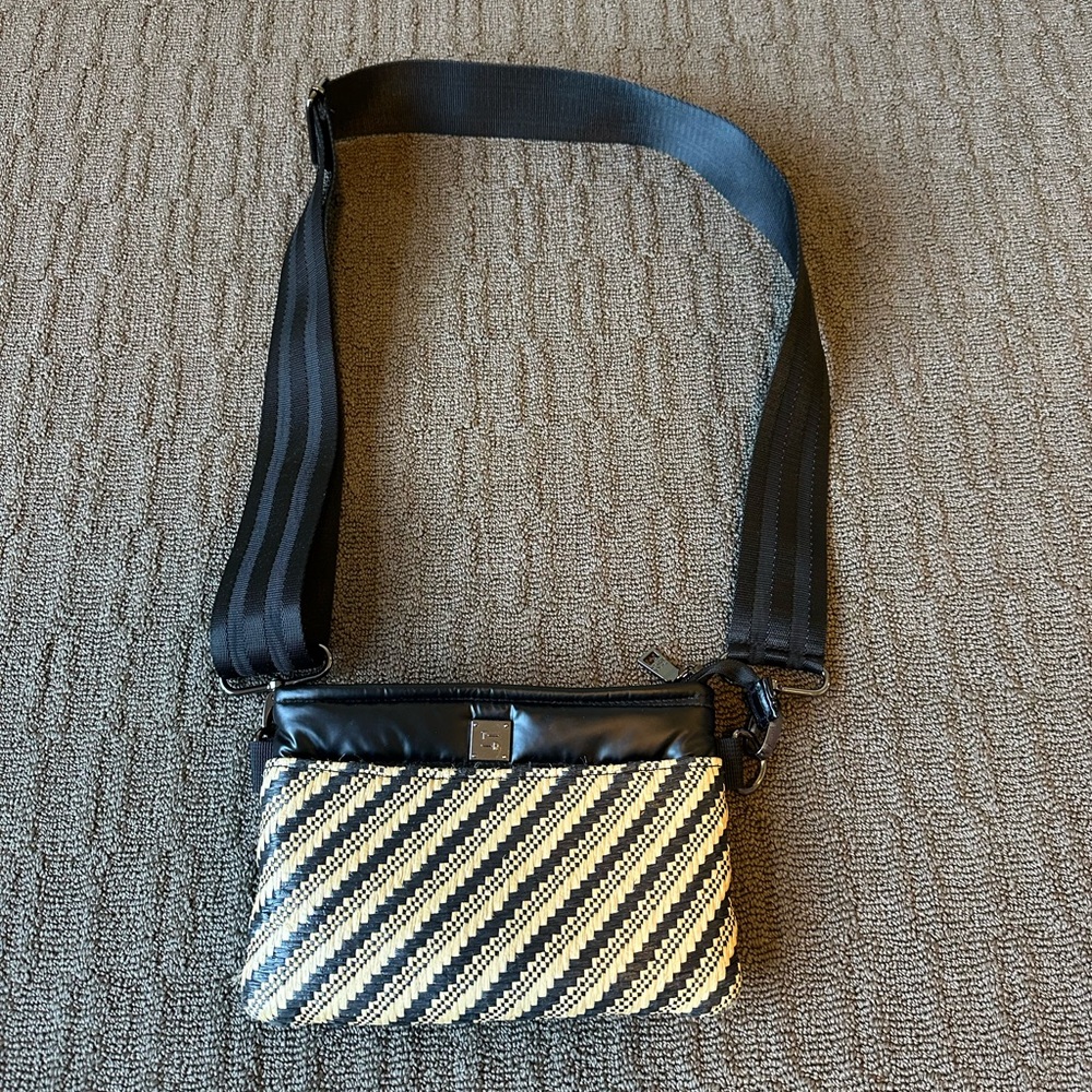 THINK ROYLN Black and Cream Crossbody Bag with Geometric Stripes